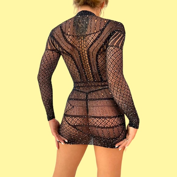 Women's Mesh Lingerie Rhinestone Sexy Long Sleeve Mesh Mini Dress Lingerie. NWT. - Picture 4 of 5